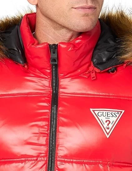 Guess Mens Jacket Coat M Quilted Puffer Insulated Faux Fur Remove Hood $250 Red - Image 3 of 4