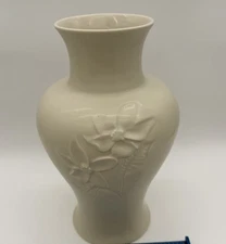 Royal Haegar  13” Cream White Pottery with Embossed Floral Vase 1980’s