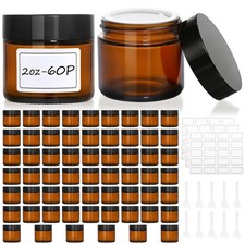 60 Pcs 2 oz Glass Jars with Lids, Amber Glass Jars with 60 Labels 10 Spatul...