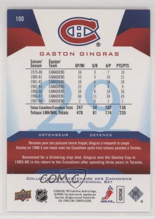 2008-09 Montreal Canadiens Centennial Set Parallel 100 /100 Gaston Gingras #100 - Image 2 of 2
