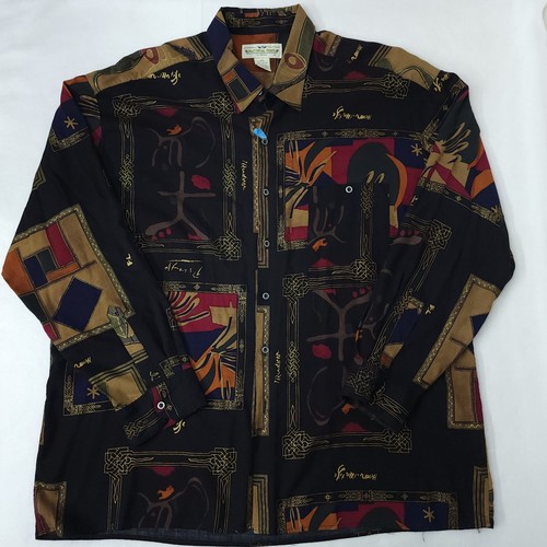 Vintage Natural Issue Abstract Geometric Long Sleeve Button Up Shirt Men's XXL