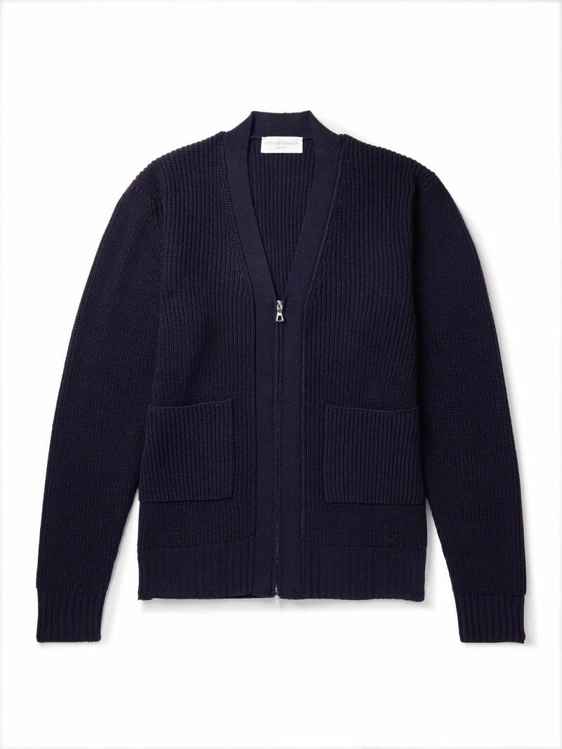 OFFICINE GENERALE Miles Zip Merino Wool Knit Cardigan Sweater Navy