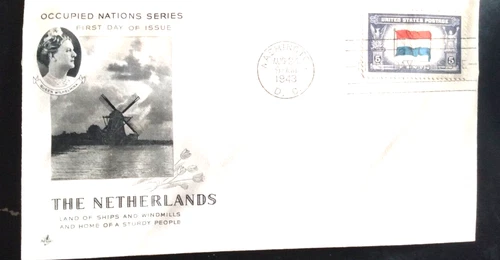 WW2 OVER-RUN NATIONS NETHERLANDS FLAG ARTCRAFT CACHET 1943 FLAG FDC QUEEN WILHEL