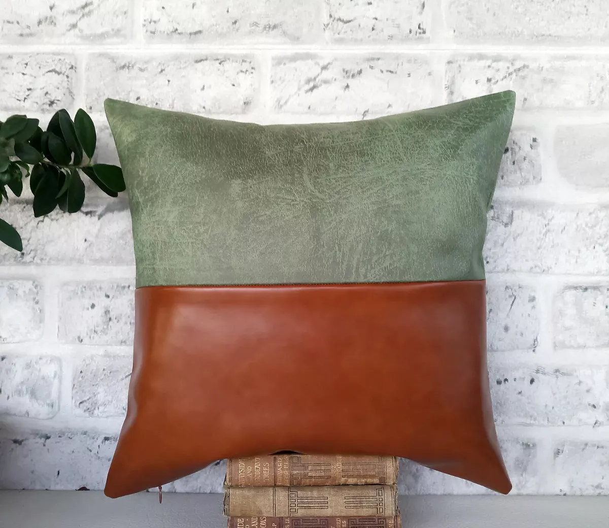 Horizontal half cognac faux leather half green leather look pillow cover 1QTY