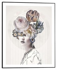 Wandbild - Schwarz - Weiß - Grau - Blau - 40 x 50 cm - Frau mit Blumenschmuck