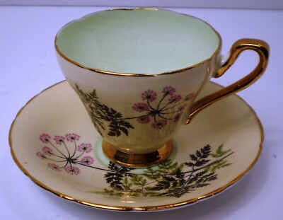 Footed Tea Cup & Saucer Set   Pink Flower Green Brown Ferns   Sutherland H&M