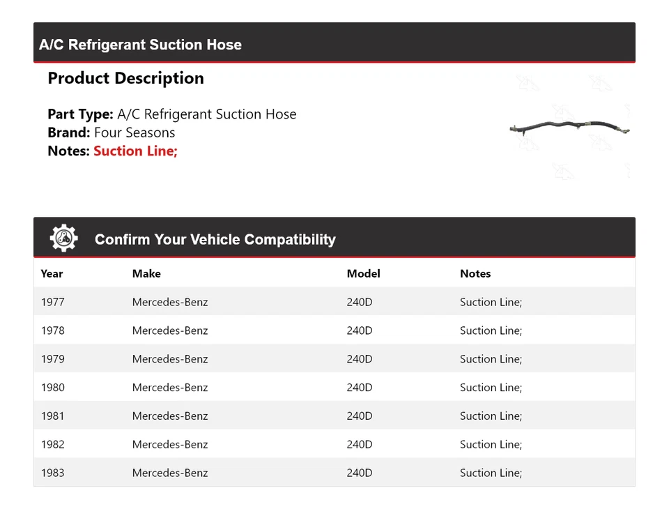 Manguera de succión de refrigerante aire acondicionado Mercedes-Benz 240D 1977-1983 4 estaciones 1978 Foto 2 de 4