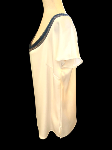 St John Sportswear Liquid Satin Woven Neck Short Sleeve Ladies M NWT Navy Gold - Picture 2 of 8