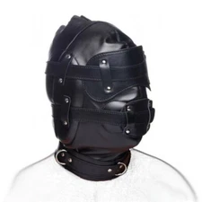 Padded Leather Headgear Hood Mask Rmovable Mouth Gag Plug Blindfold BDSM Cosplay