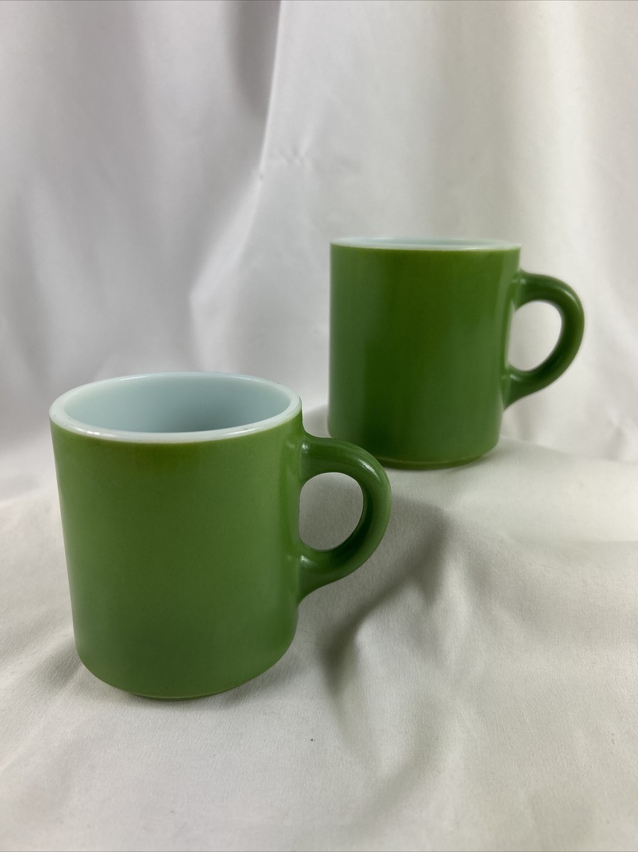 Vintage GREEN Milk Glass Coffee Mug Set Of Cups Stackable Mid Century  Modern