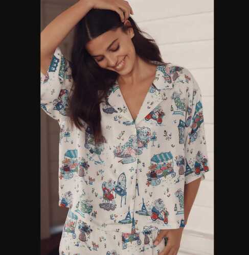 New women's M Printfresh Anthropologie Parisian poodles satin pajama set Paris - Picture 2 of 10