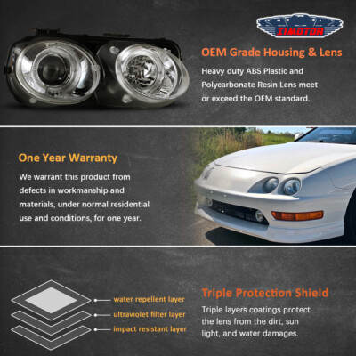 Pair Of Black Housing Halo Projector Headlights For 1998-2001 Acura Integra - Clear Lens