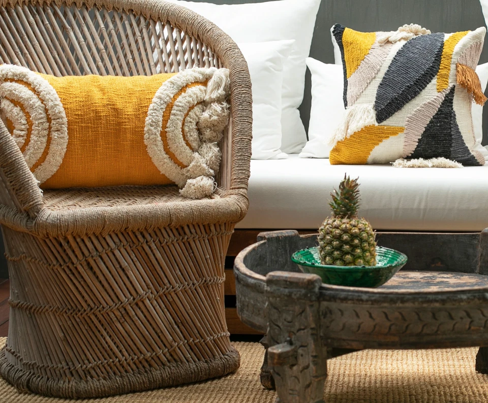 Mustard Yellow & Ivory Boho Textured Tassel Pillow Cover Tufted Textured - Image 4 of 4