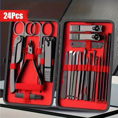 Unisex Razor-Sharp 24pcs Professional Nail Clippers Kit, Black Finish Tools, New