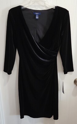 NEW Chaps Womens Faux Wrap Dress 3/4 Sleeve V-Neck Black