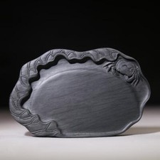 Pietra originale naturale cinese 4,7" intagliata a mano granchio foglia di loto pietra inchiostro lastra inchiostro