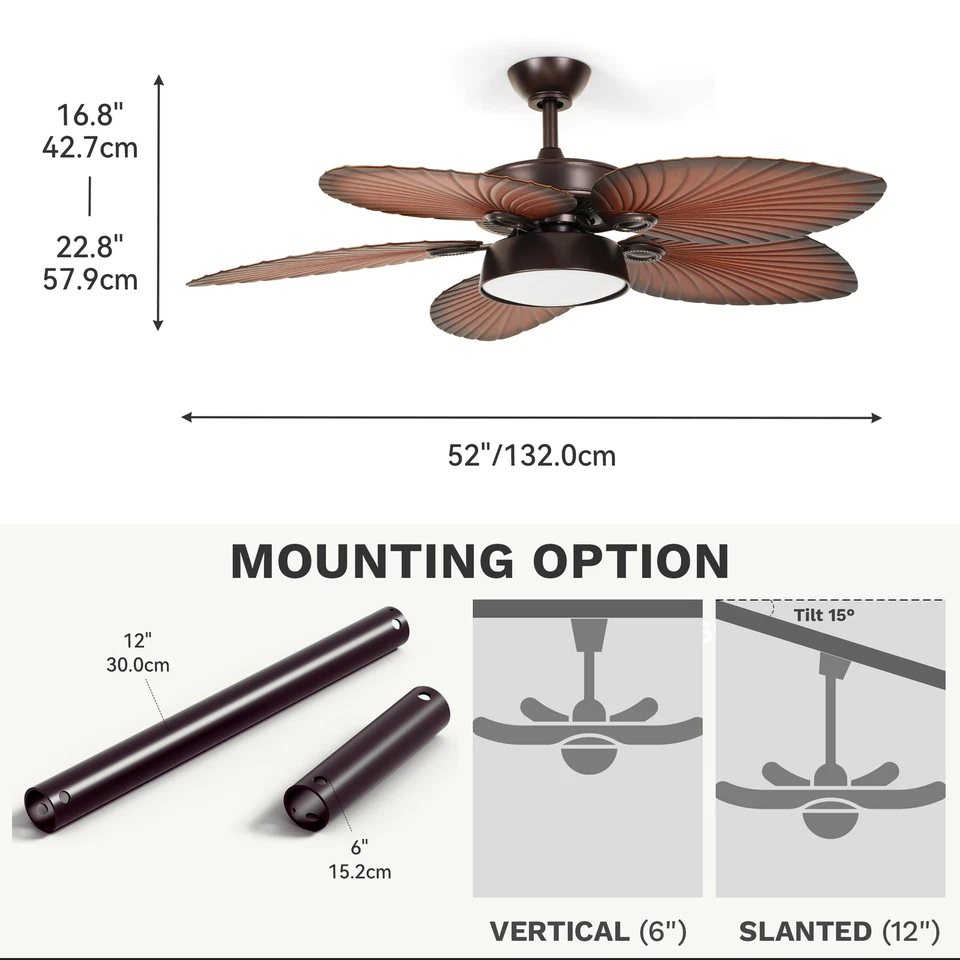 52" Tropical Brown Ceiling Fan 5 Palm Leaf Blades Remote Control Reversible - Image 2 of 4