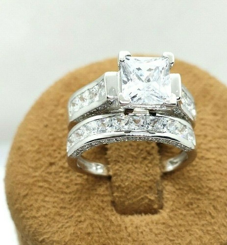 14k White Gold Silver Princess Cut Cubic Zirconia Engagement Wedding Ring Set - Picture 6 of 12