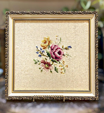 Vintage Needlepoint Roses Floral Wall Hanging Wood Frame