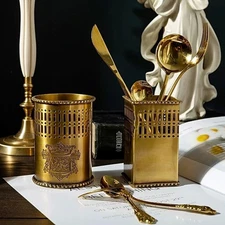 Vintage Brass Utensil Holder Set – Antique Gold Cutlery Organizer