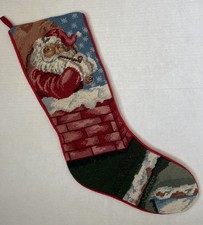 Vintage Wool Needlepoint Christmas Stocking Santa Claus w/Pipe Brick Chimney
