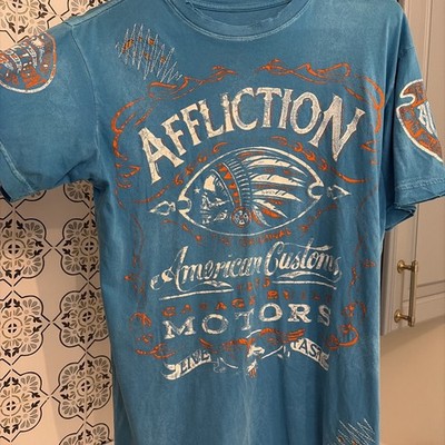 AFFLICTION Men s T Shirt Teal Y2K Medium Skull Live Fast Distressed American Cus