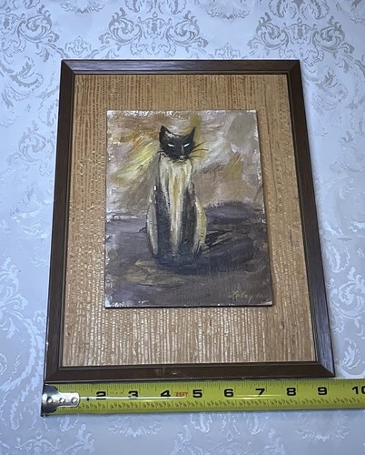 Pintura de gato firmada modernista mate hierba vintage años 60 a bordo mediados de siglo mod - Imagen 7 de 8
