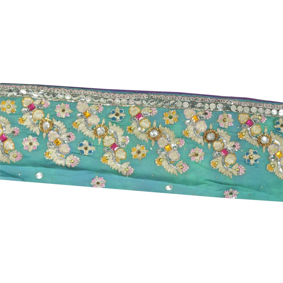 Sanskriti Vintage Sari Borde Cuentas a Mano Artesanal 1Yd Borde Decoración Encaje 4W Azul Foto 3 de 4