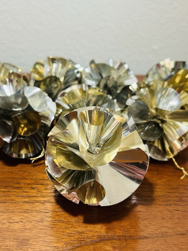 Vintage Set of 8 Atomic Foil Mylar Pom Pom Gold Silver Christmas tree ornaments