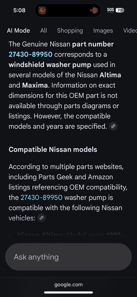 OEM Nissan 2743089950 Windshield Washer Pump Fits Altima 1993-2003 Maxima 95-01 - Image 2 of 4