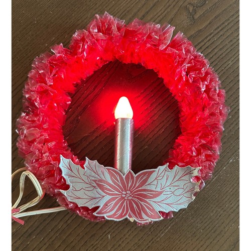 Vtg Red Cellophane Electric Christmas Wreath Lighted Candle Window Decor 10in