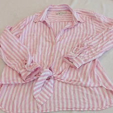 Loft LINEN Blend Tie Front Striped Top LARGE