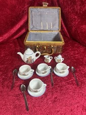 Miniature Children  s China Tea 4 Cup Set In Picnic Basket. Made In Germany  
