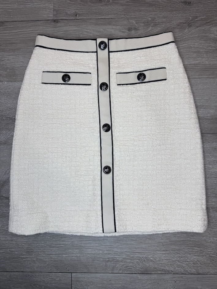 Cream Tweed Mini Skirt Contrast Trim Button Detail Parisian Style FR 36 US 4