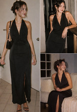Forever 21 M Black Knit Halter Maxi Dress Side Slit Tie Closure Sleeveless