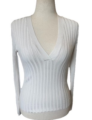 Veronica Beard White Ribbed Stretch Knit V-Neck Sweater Top   Size M
