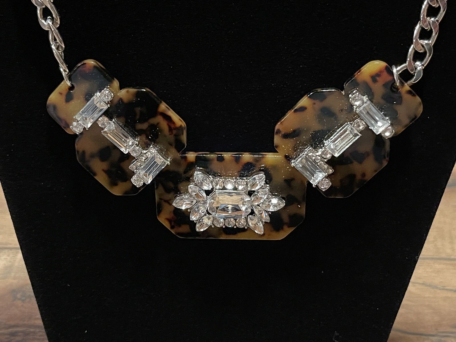 Faux Tortoise Shell & Crystal Statement Silver Ne… - image 3