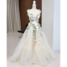 3D Flowers Wedding Dresses V Neck Floral Spaghetti Strap Sleeveless A-line Gowns