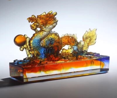 Chinese  Liu Li Crystal Dragon Playing Ball Statue Office Feng Shui Home Decor