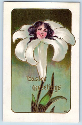 Easter Postcard Greetings Lily Flower Girl Head Embossed Eaton Ohio OH c1910's