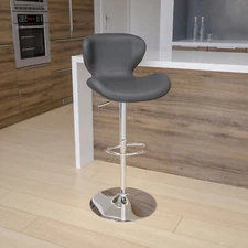 Francis Contemporary Gray Vinyl Adjustable Height Barstool with Curved Back a...