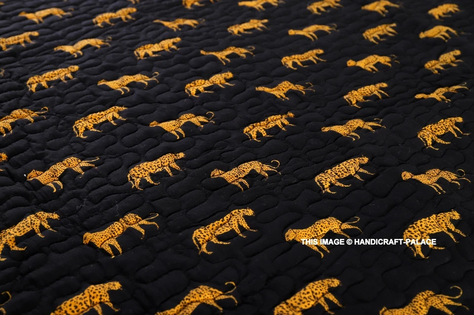 Black Leopard Printed Cotton Blanket Couch Quilt Cover Kantha Quilted Throw Sofa - Image 3 of 4