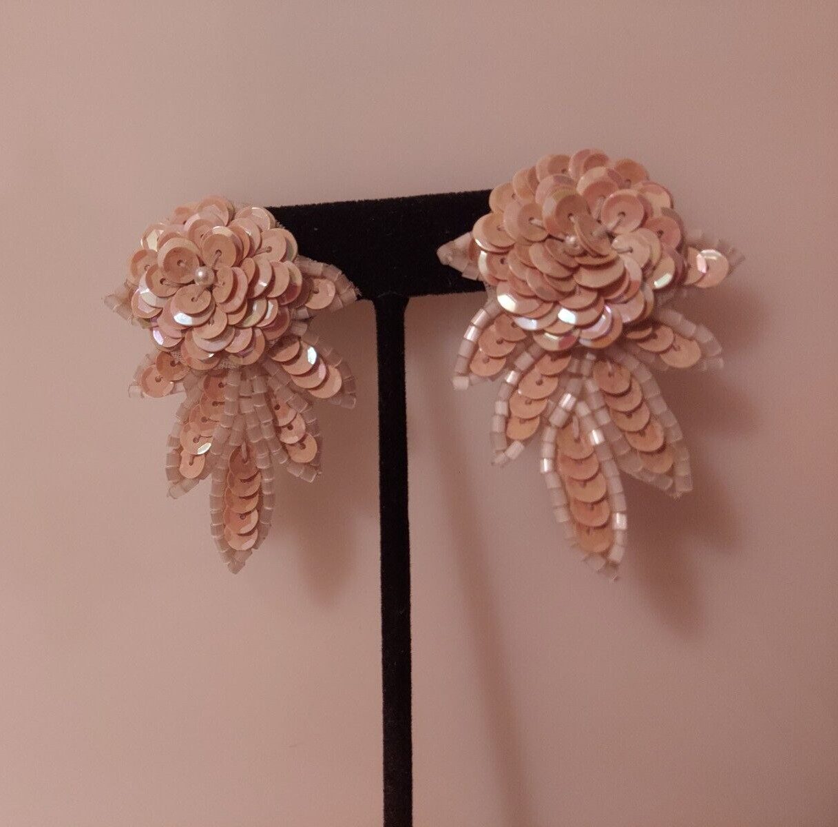 cream sequin posts earrings statement flower leaf… - image 2