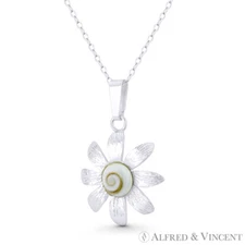 8-Petal Daisy Flower Charm Faux Seashell 28x19mm Pendant in .925 Sterling Silver