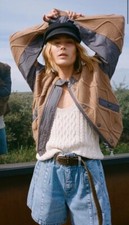 Free People Block Party Bomber Cable Knit Zip Up Pockets Tobacco Pavement M NEW