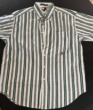 Tommy Hilfiger Men's Striped Cotton Button-Down Shirt White Green Navy Size L