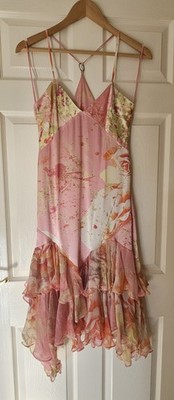 Roberto Cavalli Just Cavalli  2004 Pink Floral Ruffle Silk Dress Size IT42 UK 10