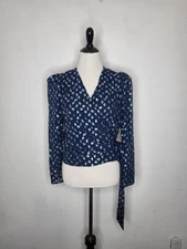 TANYA TAYLOR Erica Blouse Women Size 4 Blue Multicolor Metallic Wrap Long Sleeve