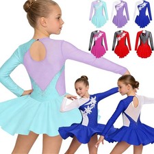 Girl Ice Roller Skating Dress Rhinestones Long Sleeves Mesh Splice Skirt Costume