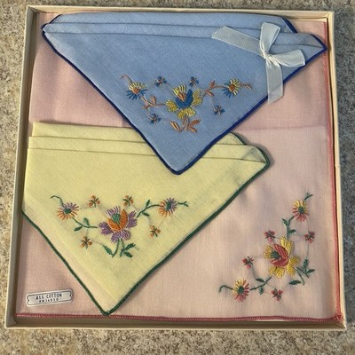 Handkerchief Orlana Swiss Embroidered Floral Set of 3 In Box Vintage Hankies